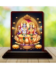 Car Desk/Table Top Lord Vishnu Lakshmi Wooden Photo Stand 3x4 Inches, Compact & Stylish Spiritual Display For Car, Home & Office (Pack Of 1) (F14557)