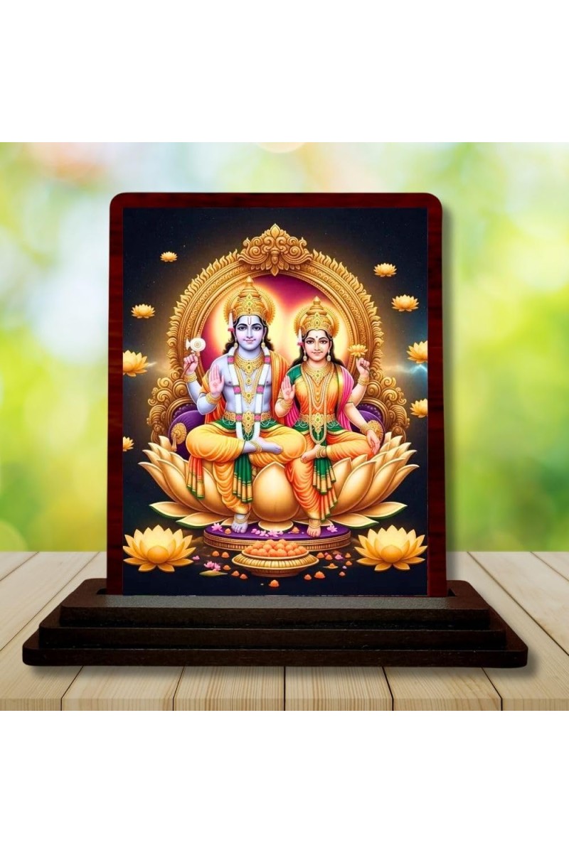 Car Desk/Table Top Lord Vishnu Lakshmi Wooden Photo Stand 3x4 Inches, Compact & Stylish Spiritual Display For Car, Home & Office (Pack Of 1) (F14557)