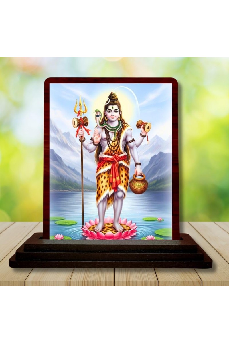Car Desk/Table Top Lord Shiva Wooden Photo Stand 3x4 Inches, Compact & Stylish Spiritual Display For Car, Home & Office (Pack Of 1) (F14305)
