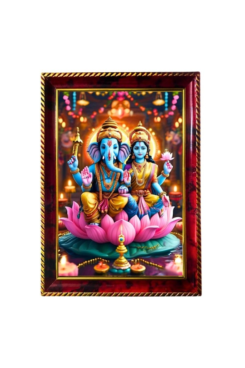 Lord Ganesh Lakshmi Photo Frame For Wall & Table | 7x9 Inch Golden Cherry Finish | Decorative Lord Ganesh Lakshmi Photo Frame For Home, Office & Pooja Room (F11395)