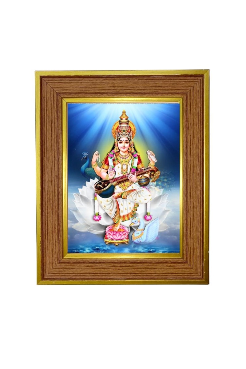 Goddess Saraswati Photo Frame 10x14 Inches-Brown Wooden Frame For Home, Office & Temple Decoration And Gifting (F6421)