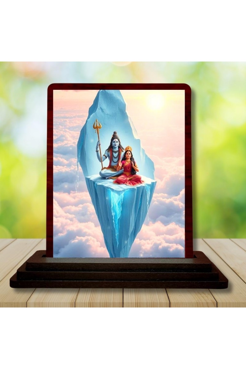 Car Desk/Table Top Lord Shiva And Parvathi Wooden Photo Stand 3x4 Inches, Compact & Stylish Spiritual Display For Car, Home & Office (Pack Of 1) (F14324)