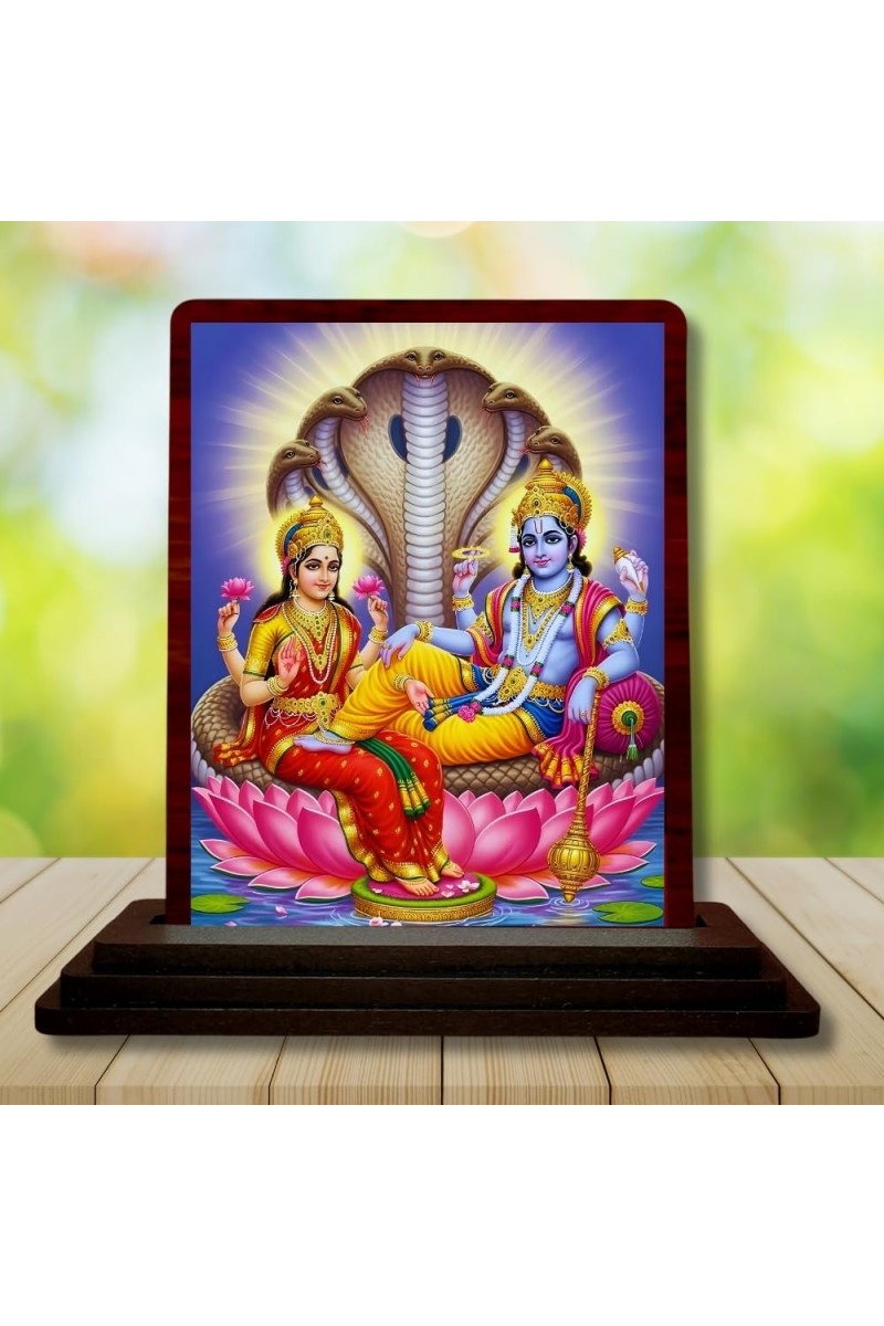 Car Desk/Table Top Lord Vishnu Laxmi Wooden Photo Stand â€“ 3x4 Inches, Compact & Stylish Spiritual Display For Car, Home & Office (Pack Of 1) (F15132)