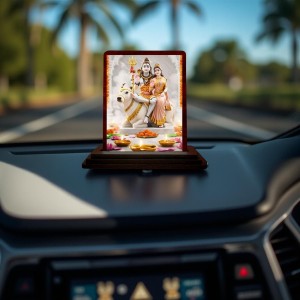 Car Desk/Table Top Lord Shiva And Parvathi Wooden Photo Stand 3x4 Inches, Compact & Stylish Spiritual Display For Car, Home & Office (Pack Of 1) (F14328)