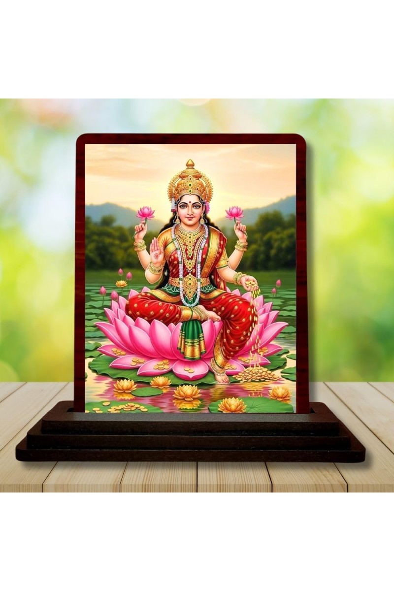 Car Desk/Table Top Goddess Lakshmi Wooden Photo Stand 3x4 Inches, Compact & Stylish Spiritual Display For Car, Home & Office (Pack Of 1) (F14567)