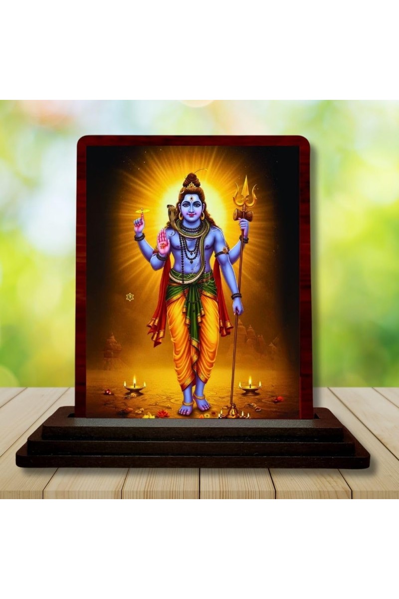 Car Desk/Table Top Lord Shiva Wooden Photo Stand 3x4 Inches, Compact & Stylish Spiritual Display For Car, Home & Office (Pack Of 1) (F14187)