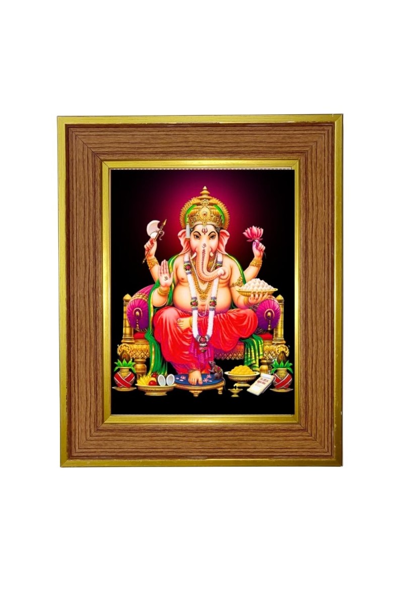 Lord Ganesha Photo Frame 10x14 Inches-Brown Wooden Frame For Home, Office & Temple Decoration And Gifting (F6423)