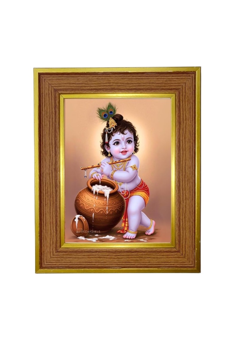 Little Gopal Photo Frame 10x14 Inches-Brown Wooden Frame For Home, Office & Temple Decoration And Gifting (F6266)