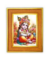 Lord Bal Krishna Photo Frame 10x14 Inches-Brown Wooden Frame For Home, Office & Temple Decoration And Gifting (F6433)