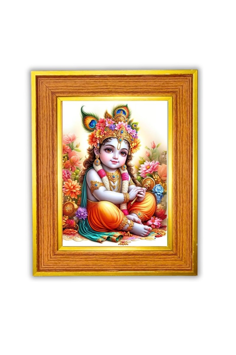 Lord Bal Krishna Photo Frame 14x18 Inches-Brown Wooden Frame For Home, Office & Temple Decoration And Gifting (F6433)