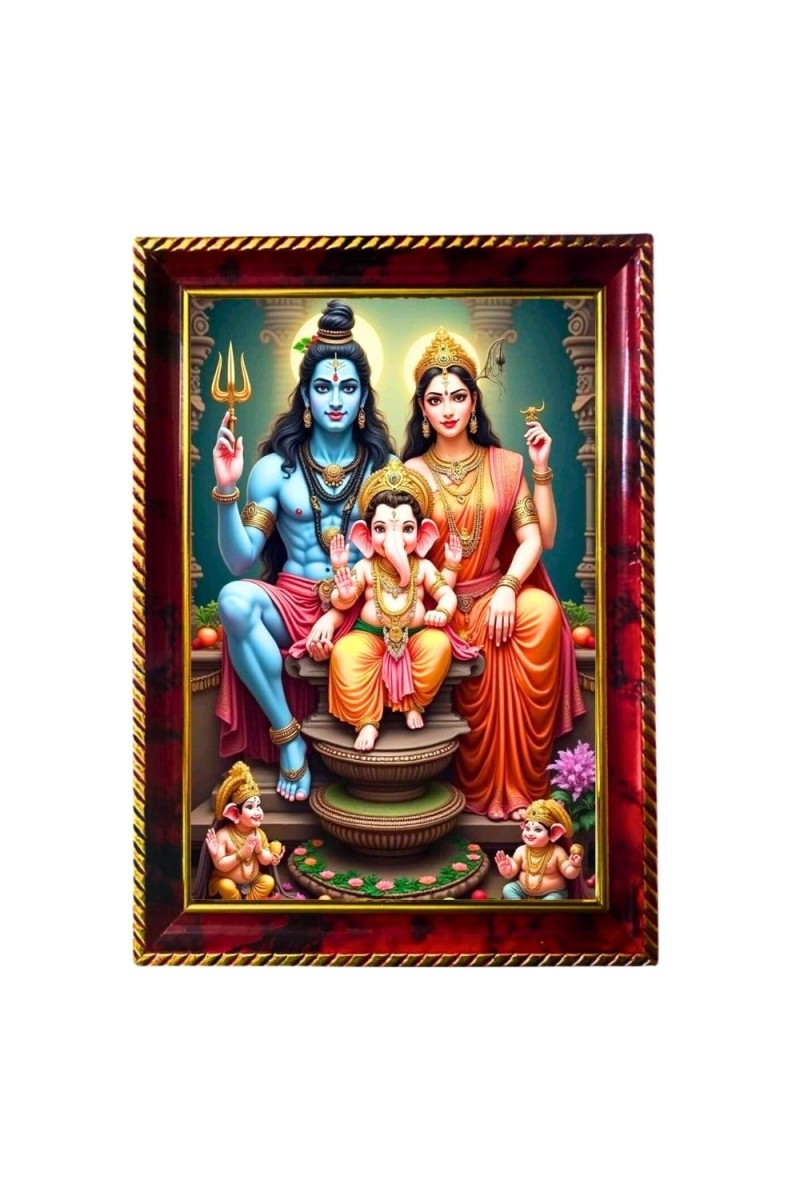 Lord Shiva And Parvathi And Ganesha Photo Frame For Wall & Table | 7x9 Inch Golden Cherry Finish | Decorative Lord Shiva And Parvathi And Ganesha Photo Frame For Home, Office & Pooja Room (F11474)