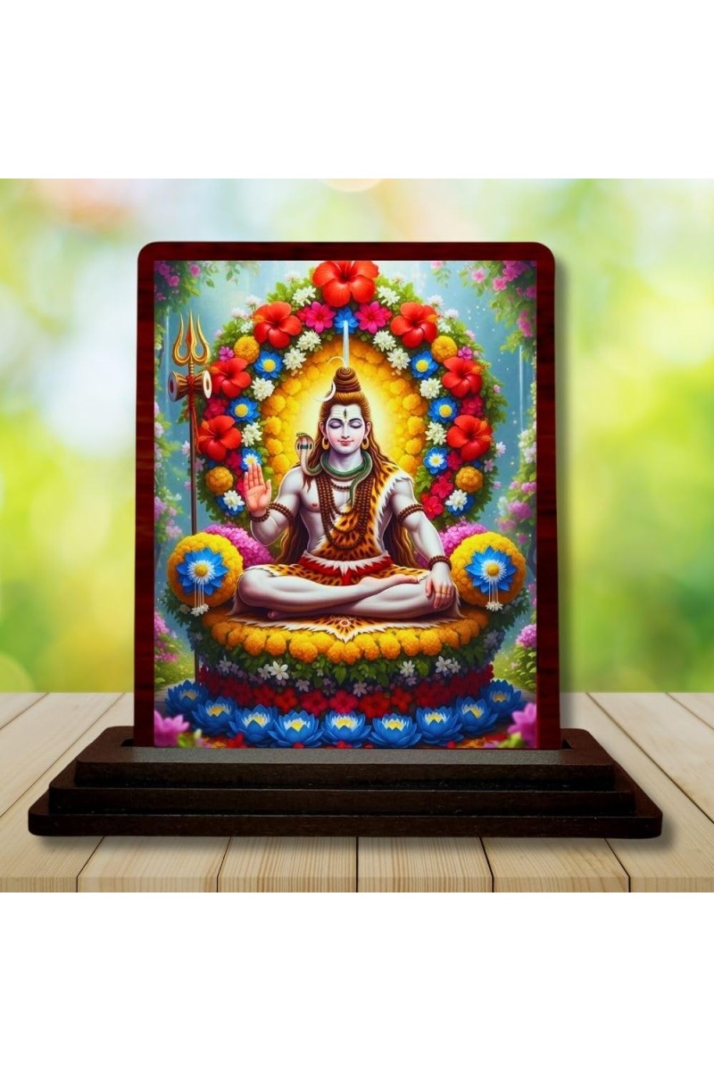 Car Desk/Table Top Lord Shiva Wooden Photo Stand 3x4 Inches, Compact & Stylish Spiritual Display For Car, Home & Office (Pack Of 1) (F14182)