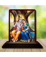 Car Desk/Table Top Lord Radha Krishna Wooden Photo Stand 3x4 Inches, Compact & Stylish Spiritual Display For Car, Home & Office (Pack Of 1) (F15172)