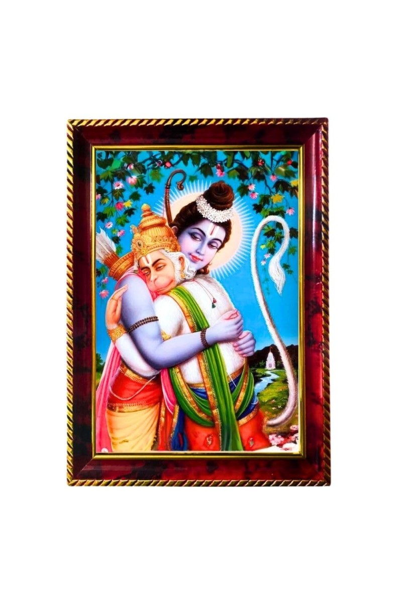 Lord Rama Hanuman Photo Frame For Wall & Table | 7x9 Inch Golden Cherry Finish | Decorative Lord Rama Hanuman Photo Frame For Home, Office & Pooja Room (F11845)