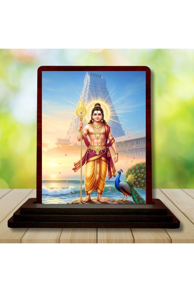 Car Desk/Table Top Lord Karthikeya Wooden Photo Stand 3x4 Inches, Compact & Stylish Spiritual Display For Car, Home & Office (Pack Of 1) (F14333)