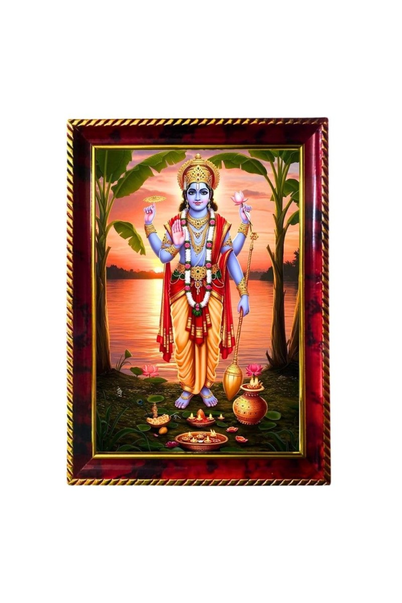 Lord Vishnu Photo Frame For Wall & Table | 7x9 Inch Golden Cherry Finish | Decorative Lord Vishnu Photo Frame For Home, Office & Pooja Room (F11786)