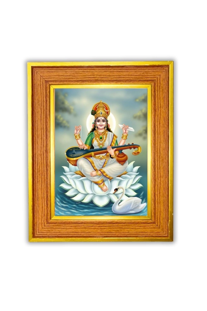 Maa Saraswati Photo Frame 10x14 Inches-Brown Wooden Frame For Home, Office & Temple Decoration And Gifting (F6463)