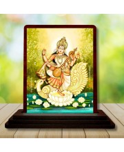 Car Desk/Table Top Goddess Saraswathi Wooden Photo Stand 3x4 Inches, Compact & Stylish Spiritual Display For Car, Home & Office (Pack Of 1) (F14544)