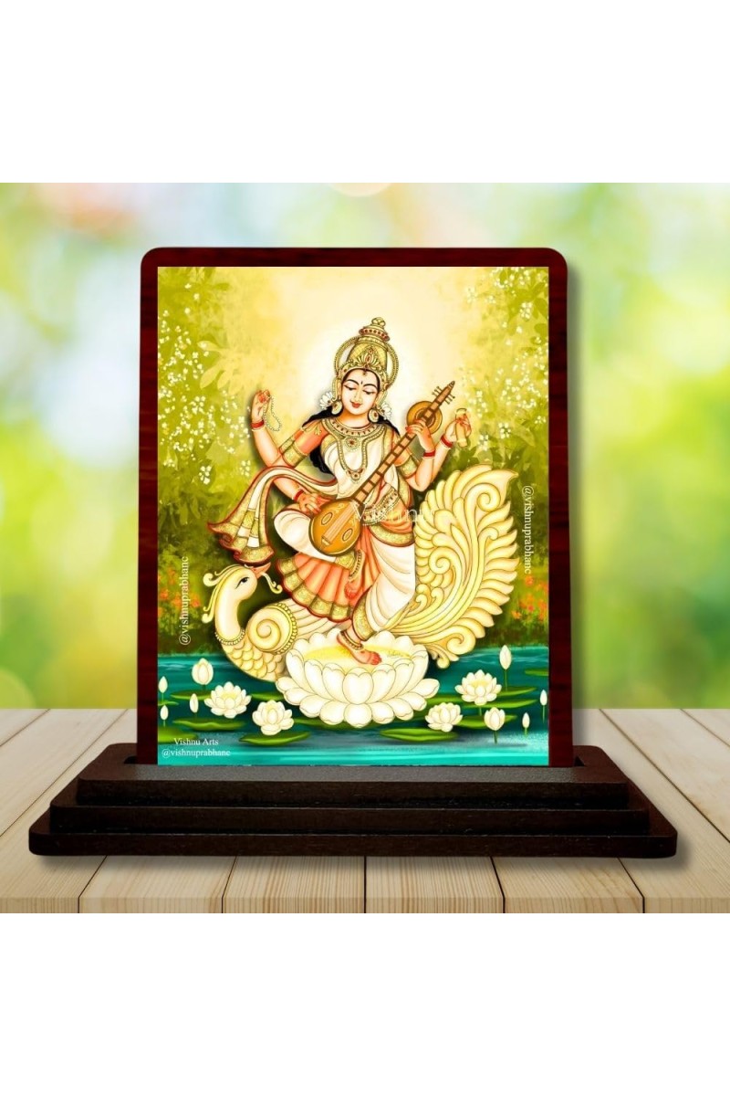 Car Desk/Table Top Goddess Saraswathi Wooden Photo Stand 3x4 Inches, Compact & Stylish Spiritual Display For Car, Home & Office (Pack Of 1) (F14544)