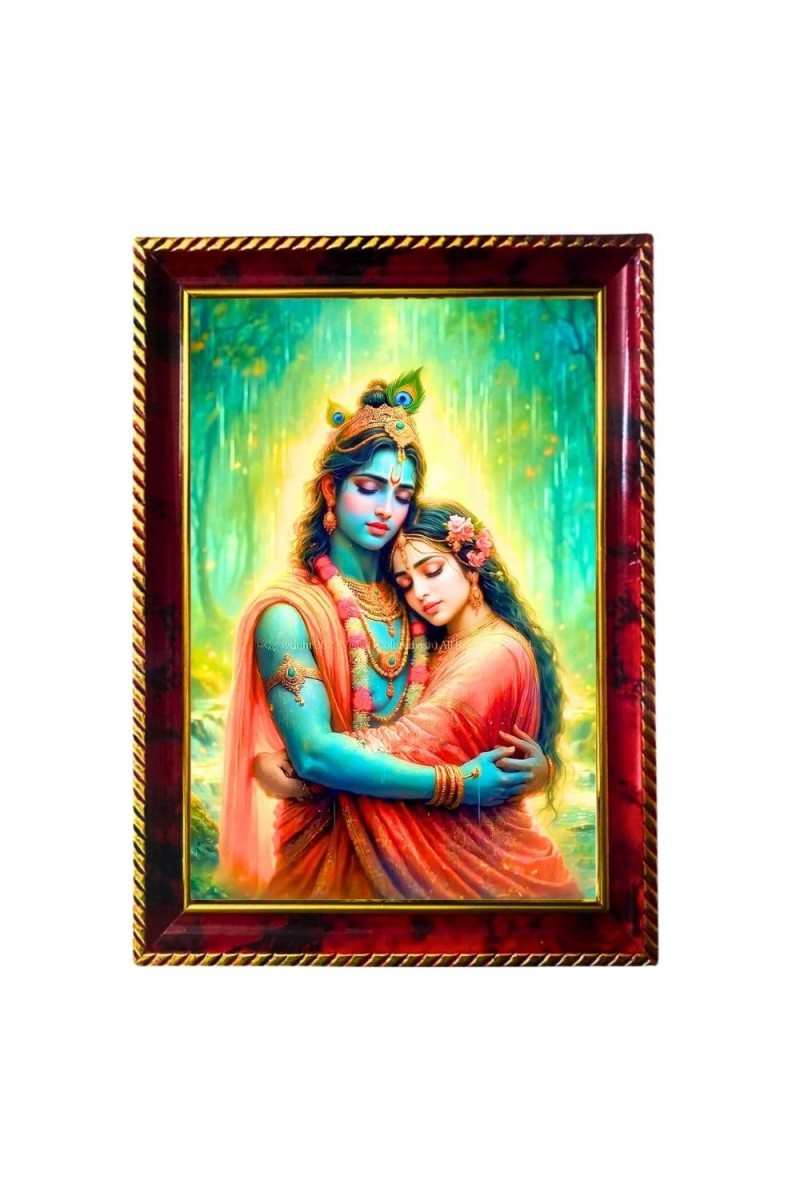 Radha Krishna Love Photo Frame For Wall & Table | 7x9 Inch Golden Cherry Finish | Decorative Radha Krishna Love Photo Frame For Home, Office & Pooja Room (F11603)