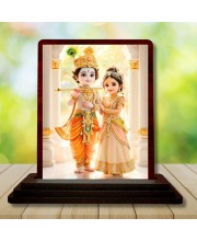 Car Desk/Table Top Radha Krishna Wooden Photo Stand 3x4 Inches, Compact & Stylish Spiritual Display For Car, Home & Office (Pack Of 1) (F14512)