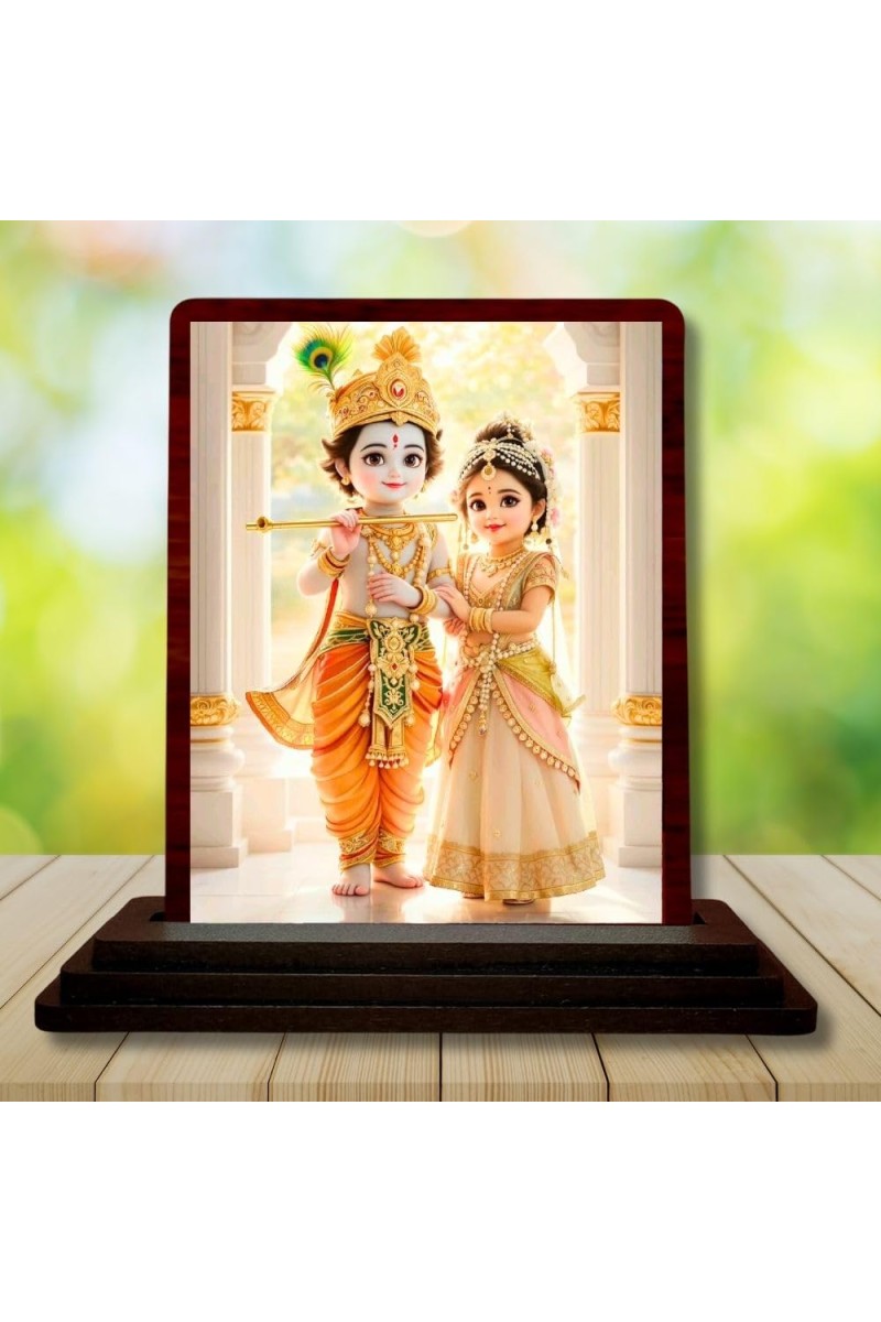 Car Desk/Table Top Radha Krishna Wooden Photo Stand 3x4 Inches, Compact & Stylish Spiritual Display For Car, Home & Office (Pack Of 1) (F14512)