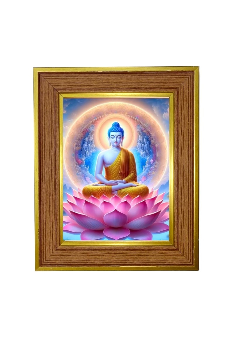 Lord Buddha Photo Frame 10x14 Inches-Brown Wooden Frame For Home, Office & Temple Decoration And Gifting (F6228)