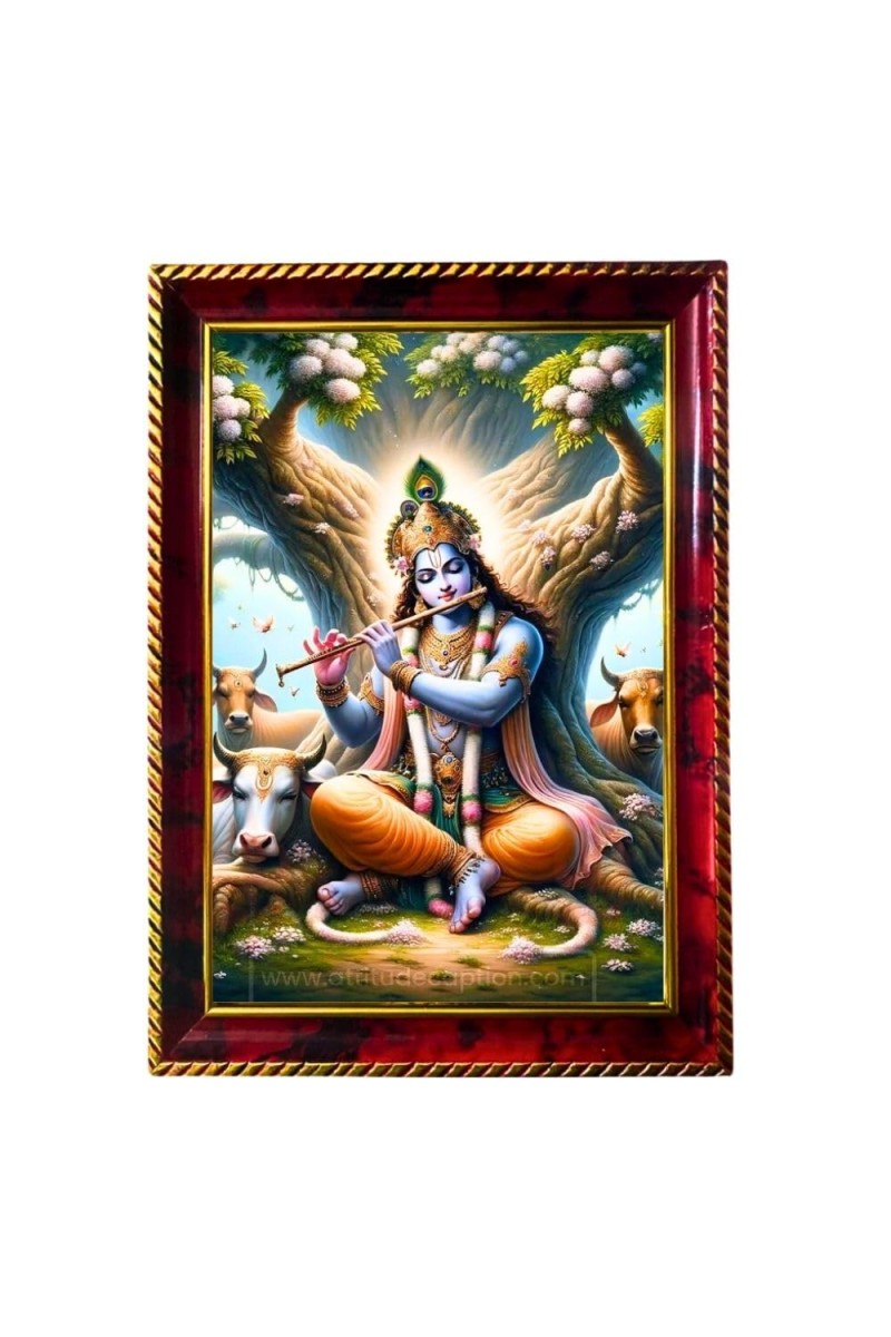 Krishna Playing Flute Photo Frame For Wall & Table | 7x9 Inch Golden Cherry Finish | Decorative Krishna Playing Flute Photo Frame For Home, Office & Pooja Room (F11380)