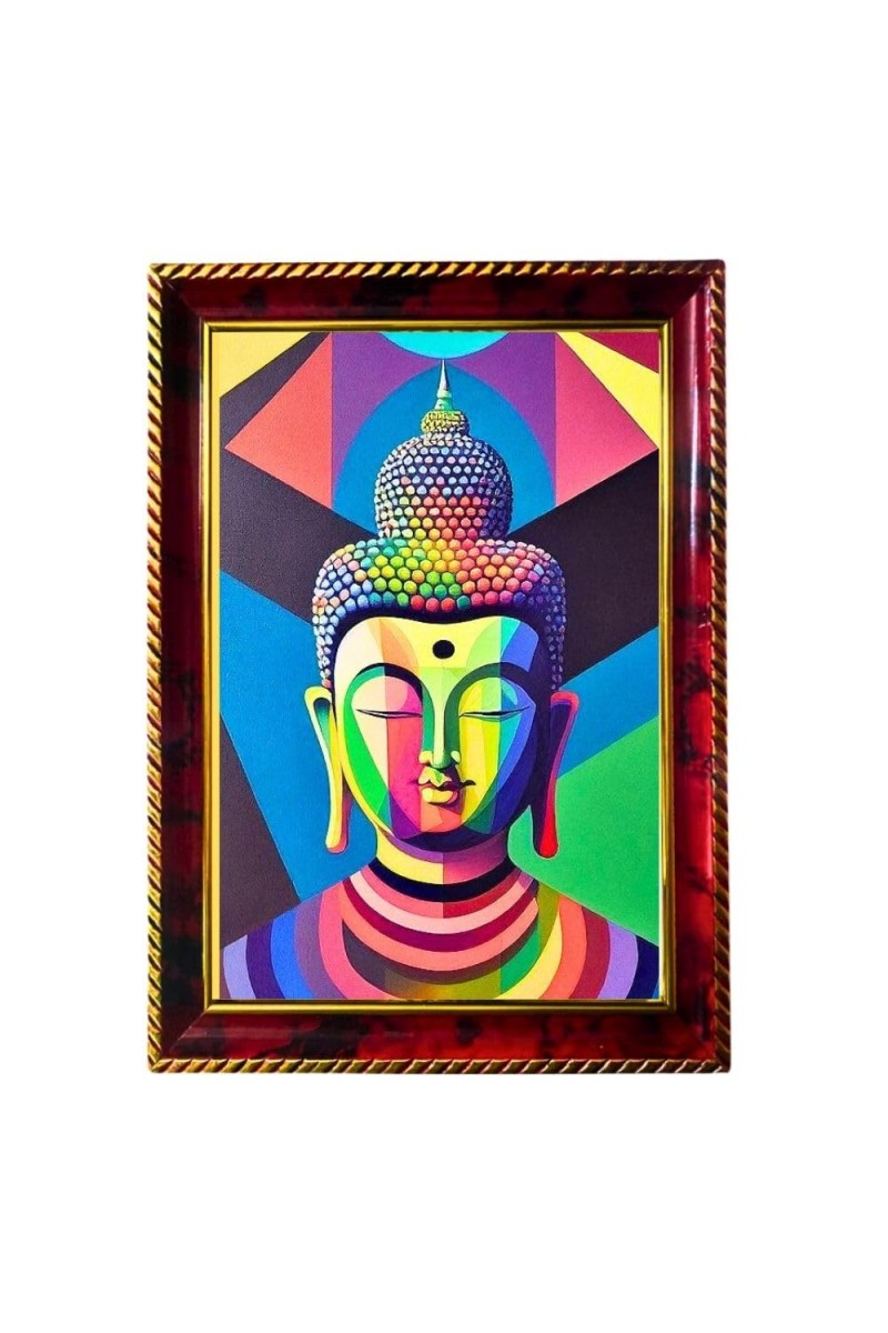 Colorful Buddha Photo Frame For Wall & Table | 7x9 Inch Golden Cherry Finish | Decorative Colorful Buddha Photo Frame For Home, Office & Pooja Room (F11443)