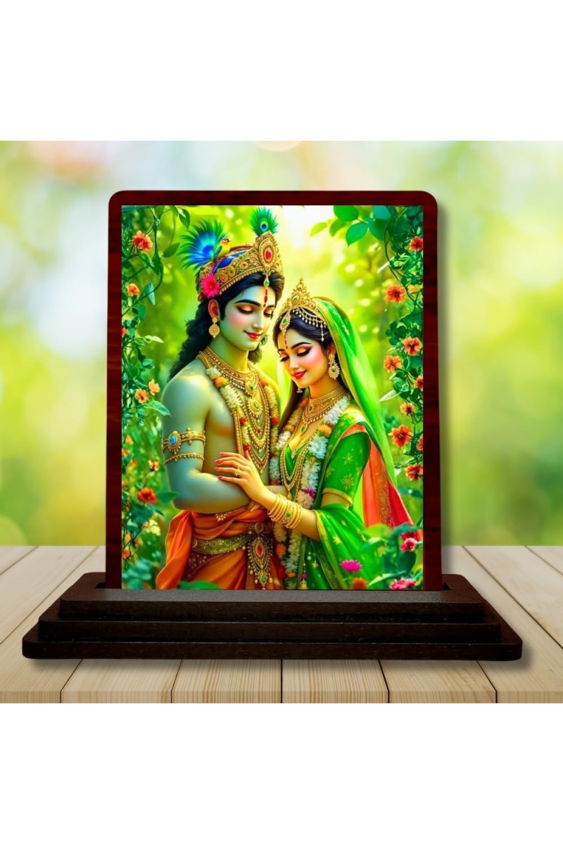 Car Desk/Table Top Lord Radha Krishna Wooden Photo Stand â€“ 3x4 Inches, Compact & Stylish Spiritual Display For Car, Home & Office (Pack Of 1) (F15126)