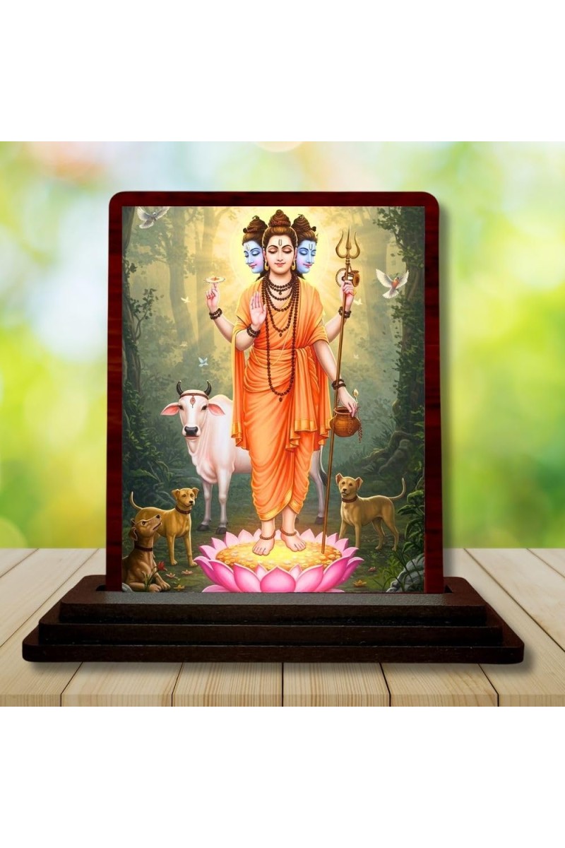 Car Desk/Table Top Lord Dattatreya Wooden Photo Stand 3x4 Inches, Compact & Stylish Spiritual Display For Car, Home & Office (Pack Of 1) (F14341)