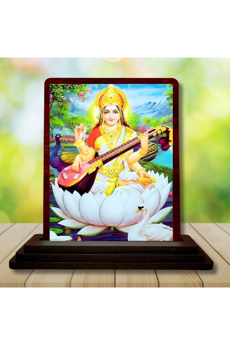 Car Desk/Table Top Goddess Saraswathi Wooden Photo Stand 3x4 Inches, Compact & Stylish Spiritual Display For Car, Home & Office (Pack Of 1) (F14137)