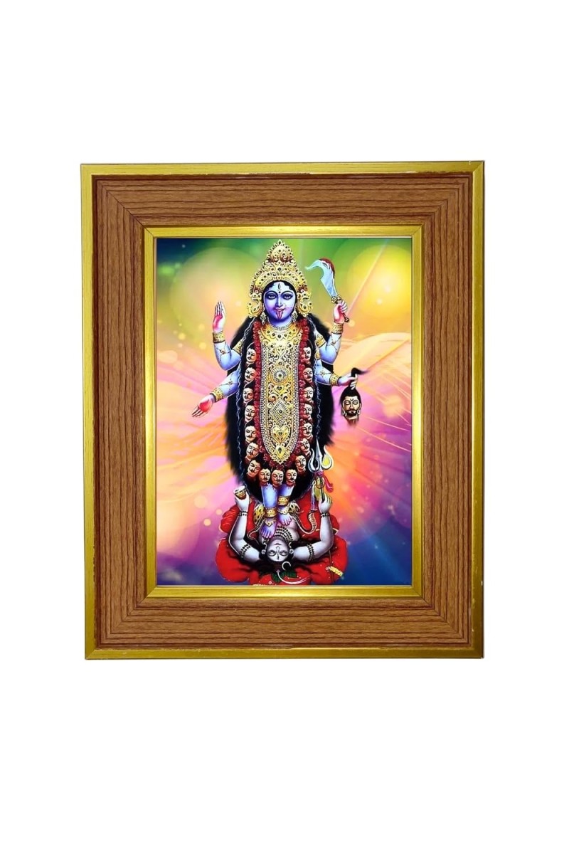 Kali Maa Photo Frame 10x14 Inches-Brown Wooden Frame For Home, Office & Temple Decoration And Gifting (F6293)