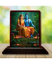 Car Desk/Table Top Lord Rama And Sita Wooden Photo Stand 3x4 Inches, Compact & Stylish Spiritual Display For Car, Home & Office (Pack Of 1) (F14331)