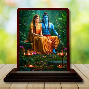 Car Desk/Table Top Lord Rama And Sita Wooden Photo Stand 3x4 Inches, Compact & Stylish Spiritual Display For Car, Home & Office (Pack Of 1) (F14331)
