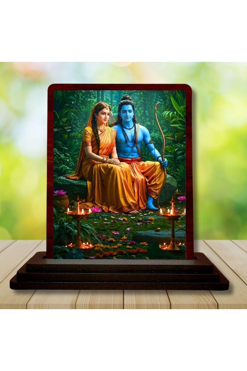 Car Desk/Table Top Lord Rama And Sita Wooden Photo Stand 3x4 Inches, Compact & Stylish Spiritual Display For Car, Home & Office (Pack Of 1) (F14331)