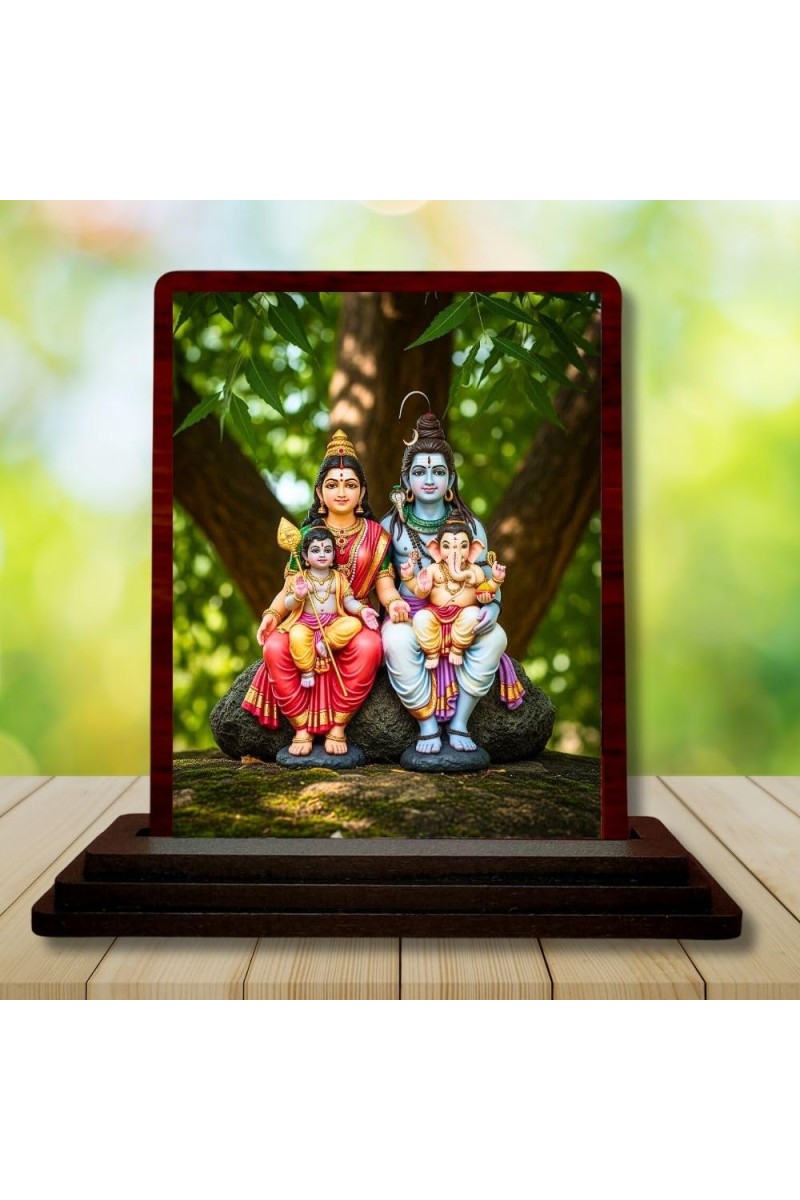 Car Desk/Table Top Lord Shiva Parvathi Wooden Photo Stand 3x4 Inches, Compact & Stylish Spiritual Display For Car, Home & Office (Pack Of 1) (F14368)