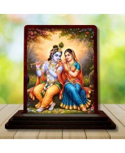 Car Desk/Table Top Radha Krishna Wooden Photo Stand 3x4 Inches, Compact & Stylish Spiritual Display For Car, Home & Office (Pack Of 1) (F14489)
