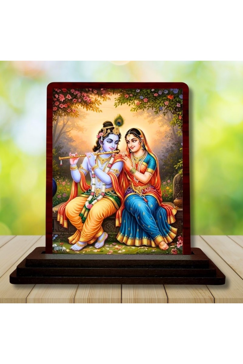 Car Desk/Table Top Radha Krishna Wooden Photo Stand 3x4 Inches, Compact & Stylish Spiritual Display For Car, Home & Office (Pack Of 1) (F14489)