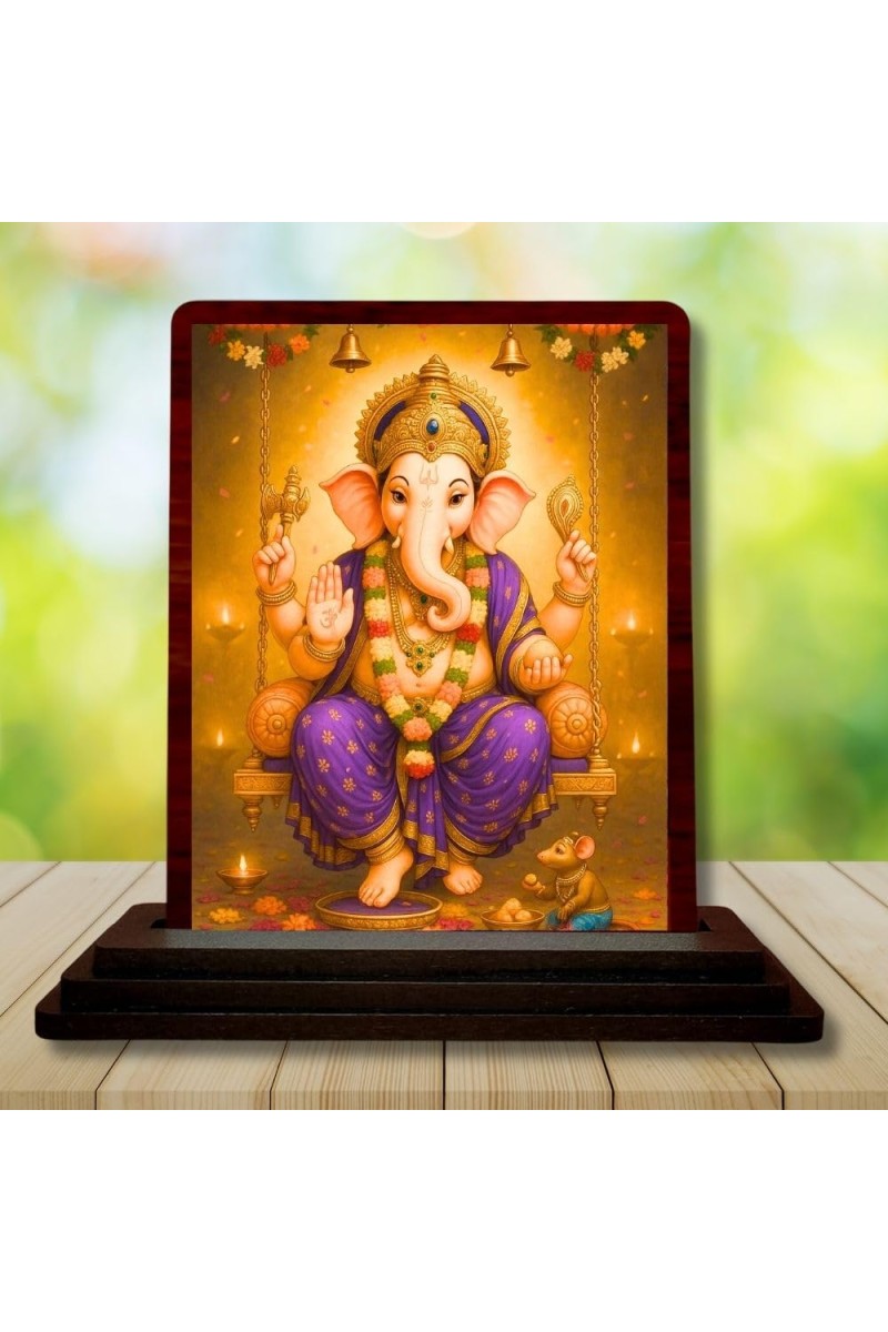 Car Desk/Table Top Lord Ganesha Wooden Photo Stand 3x4 Inches, Compact & Stylish Spiritual Display For Car, Home & Office (Pack Of 1) (F14513)