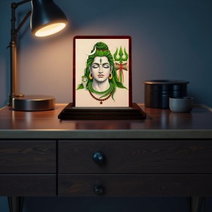 Car Desk/Table Top Lord Shiva Wooden Photo Stand 3x4 Inches, Compact & Stylish Spiritual Display For Car, Home & Office (Pack Of 1) (F14261)