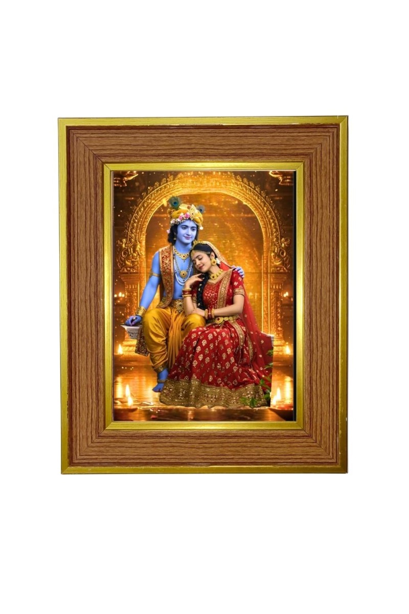 Krishna Radha Photo Frame 10x14 Inches-Brown Wooden Frame For Home, Office & Temple Decoration And Gifting (F6390)