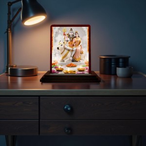 Car Desk/Table Top Lord Shiva And Parvathi Wooden Photo Stand 3x4 Inches, Compact & Stylish Spiritual Display For Car, Home & Office (Pack Of 1) (F14328)