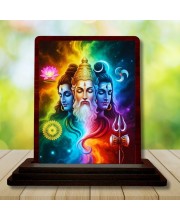 Car Desk/Table Top Bramha Vishnu Shiva Wooden Photo Stand 3x4 Inches, Compact & Stylish Spiritual Display For Car, Home & Office (Pack Of 1) (F14162)