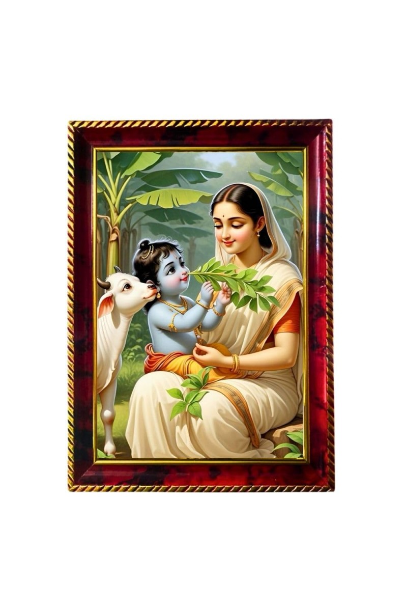 Little Krishna And Yashodha Photo Frame For Wall & Table | 7x9 Inch Golden Cherry Finish | Decorative Little Krishna And Yashodha Photo Frame For Home, Office & Pooja Room (F11323)