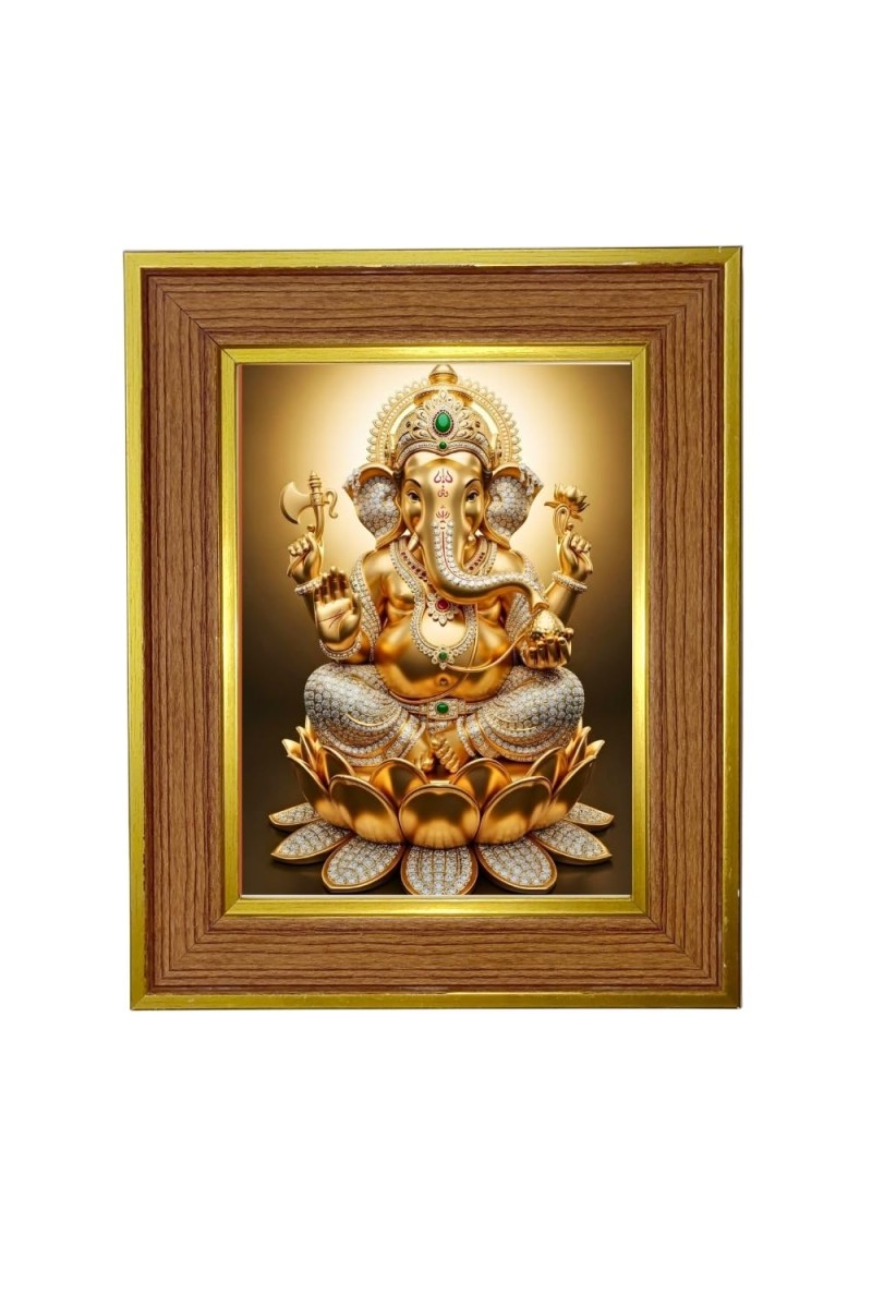 Lord Ganesha Photo Frame 10x14 Inches-Brown Wooden Frame For Home, Office & Temple Decoration And Gifting (F6230)
