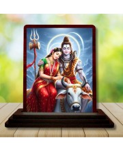 Car Desk/Table Top Lord Shiva And Parvathi Wooden Photo Stand 3x4 Inches, Compact & Stylish Spiritual Display For Car, Home & Office (Pack Of 1) (F14327)