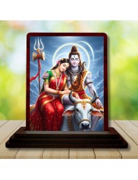 Car Desk/Table Top Lord Shiva And Parvathi Wooden Photo Stand 3x4 Inches, Compact & Stylish Spiritual Display For Car, Home & Office (Pack Of 1) (F14327)