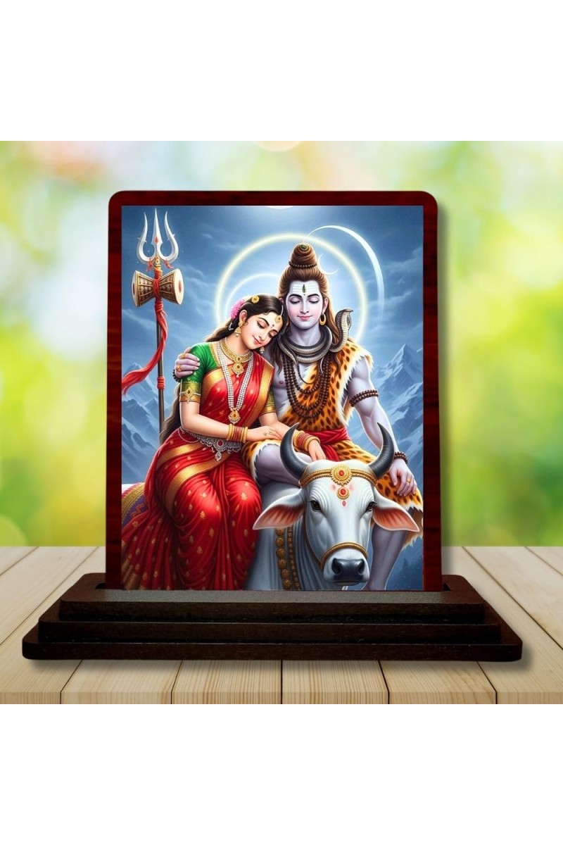 Car Desk/Table Top Lord Shiva And Parvathi Wooden Photo Stand 3x4 Inches, Compact & Stylish Spiritual Display For Car, Home & Office (Pack Of 1) (F14327)