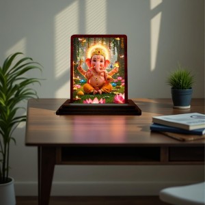 Car Desk/Table Top Lord Ganesha Wooden Photo Stand 3x4 Inches, Compact & Stylish Spiritual Display For Car, Home & Office (Pack Of 1) (F14414)